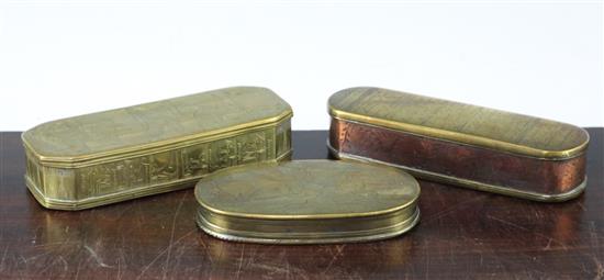 An 18th century Dutch engraved copper and brass tobacco box, largest 6.25in.